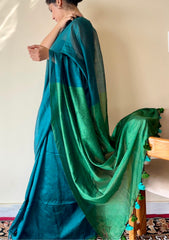 Mrinalini Peacock Blue and Green Soft Cotton Mulmul Saree with Tassels - Qatha 