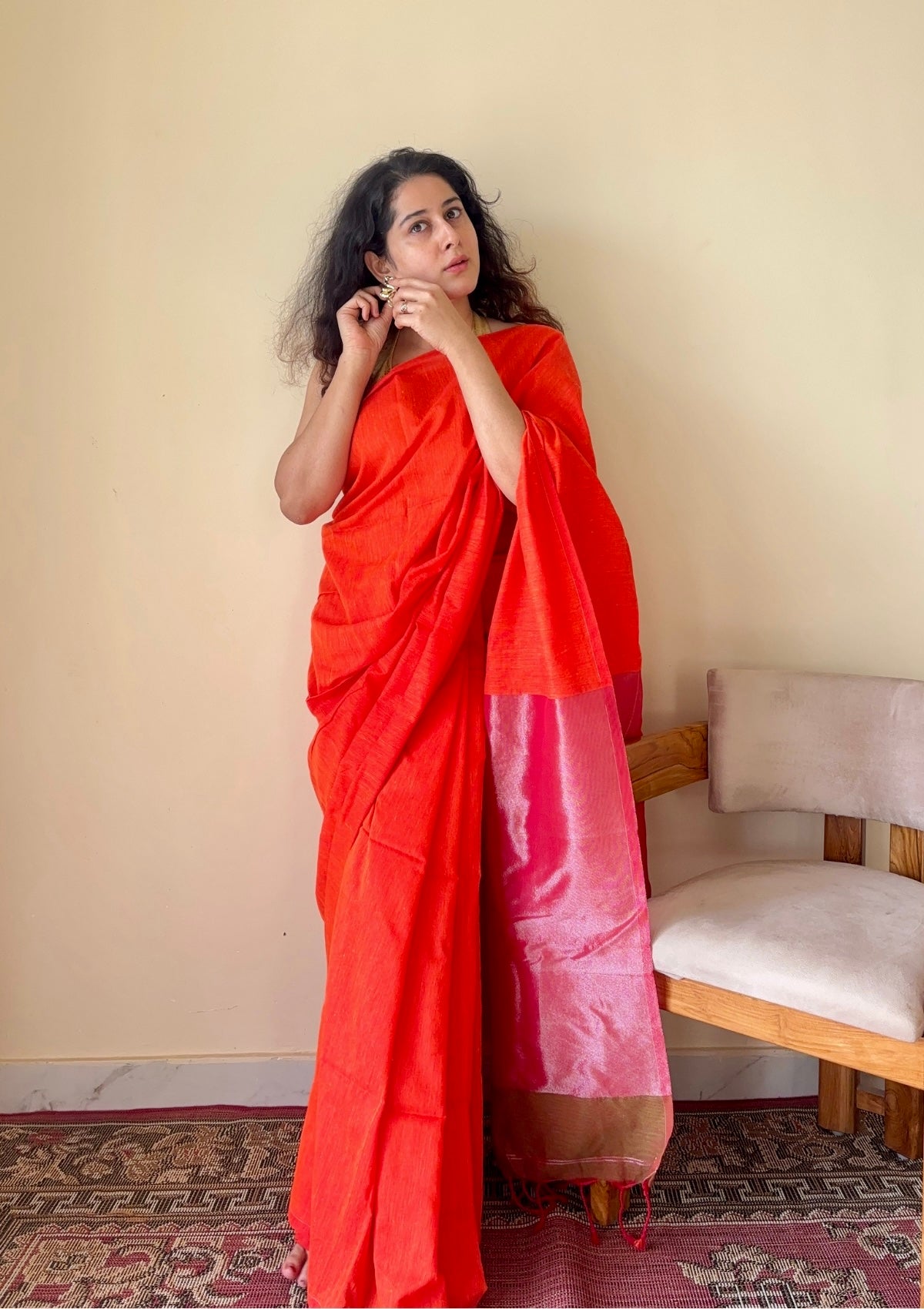 Sanjhvi Orange with Pink Tissue Pallu Pure Cotton Saree - Qatha