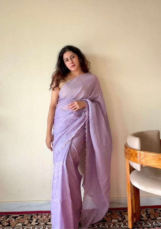 Lavanya Light Purple Soft Mulmul Cotton Saree with Gold Zari Stripes and Scalloped Border - Qatha 