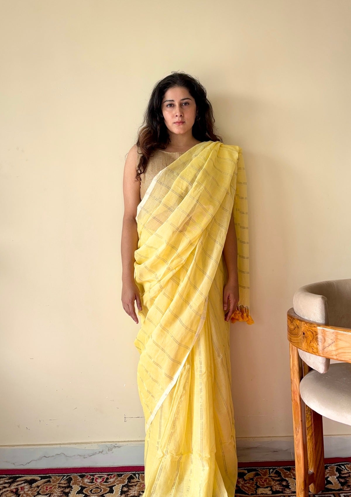 Harini Yellow Mulmul Cotton Gold Zari Striped Saree with Tassels - Qatha 