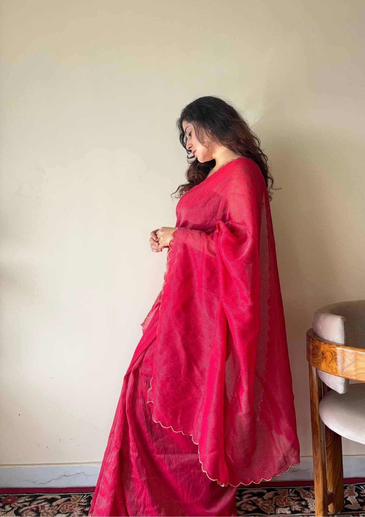 Aria  Red Soft Mulmul Cotton Saree with Gold Stripes and Scalloped Border - Qatha 