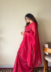 Aria  Red Soft Mulmul Cotton Saree with Gold Stripes and Scalloped Border - Qatha 