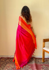 Tarangini Rani Pink Temple Border Handloom Pure Cotton Saree - Qatha 