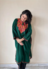 Noorza | Green Woolen Kashmiri Phiran with Floral Aari Embroidery