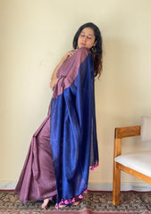 Chitrangada Jamuni with Blue Pallu Mul Cotton Saree with Tassels - Qatha 