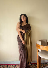 Yogini Brown and Beige Pure Cotton Saree with Tassels - Qatha 