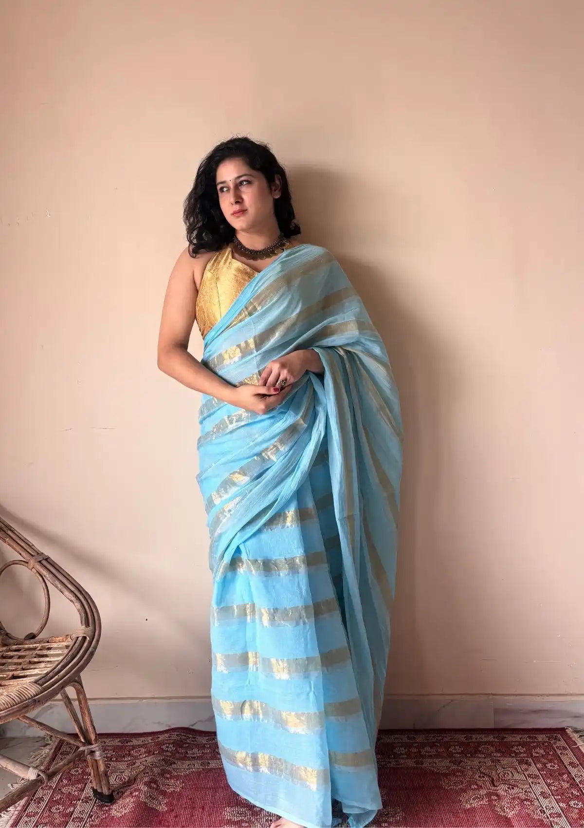 Neela | Sky Blue Handloom Cotton Saree with Zari Stripes