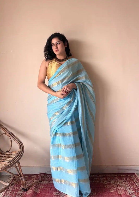 Neela | Sky Blue Handloom Cotton Saree with Zari Stripes