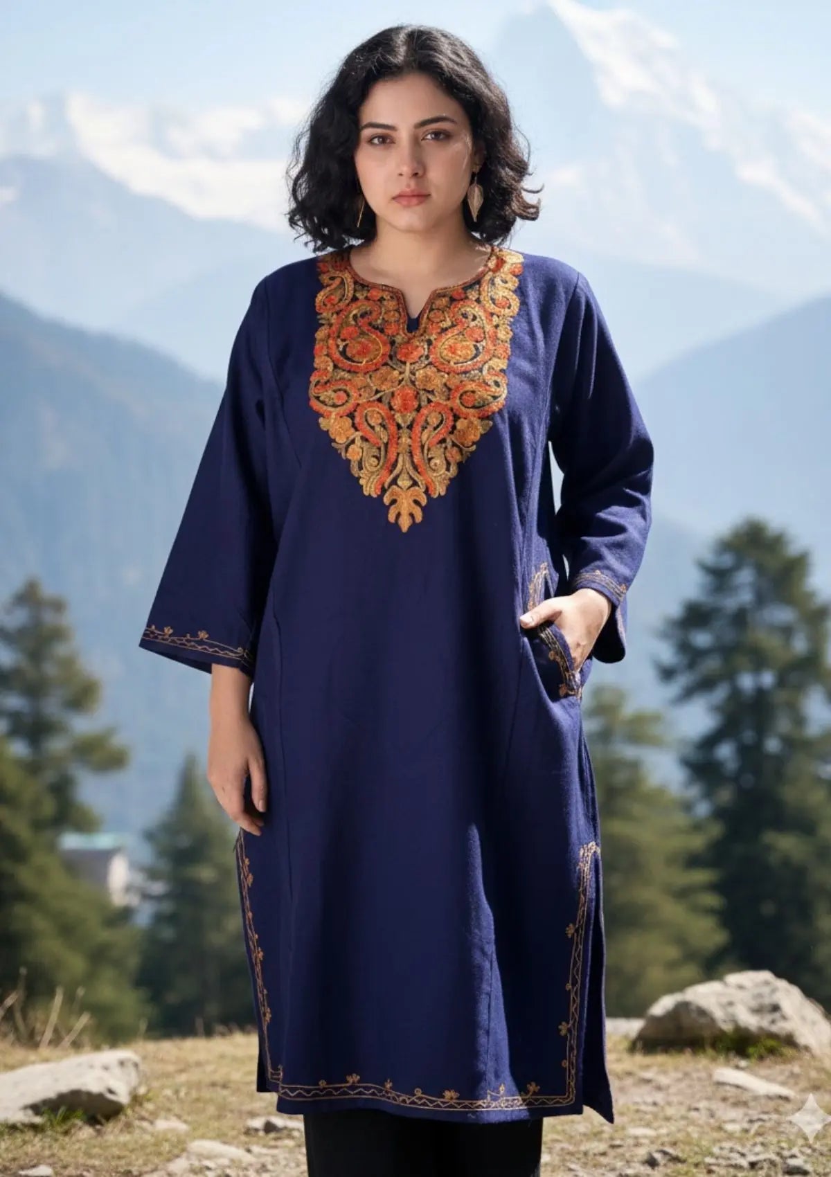 Roshae | Blue Woollen Kashmiri Phiran with Floral Embroidery