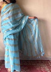 Neela | Sky Blue Handloom Cotton Saree with Zari Stripes