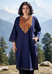 Roshae | Blue Woollen Kashmiri Phiran with Floral Embroidery