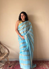 Neela | Sky Blue Handloom Cotton Saree with Zari Stripes
