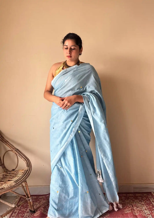 Aisha | Powder Blue Handloom Cotton Saree with Gold Sequin
