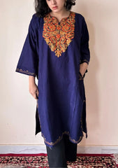 Roshae | Blue Woollen Kashmiri Phiran with Floral Embroidery