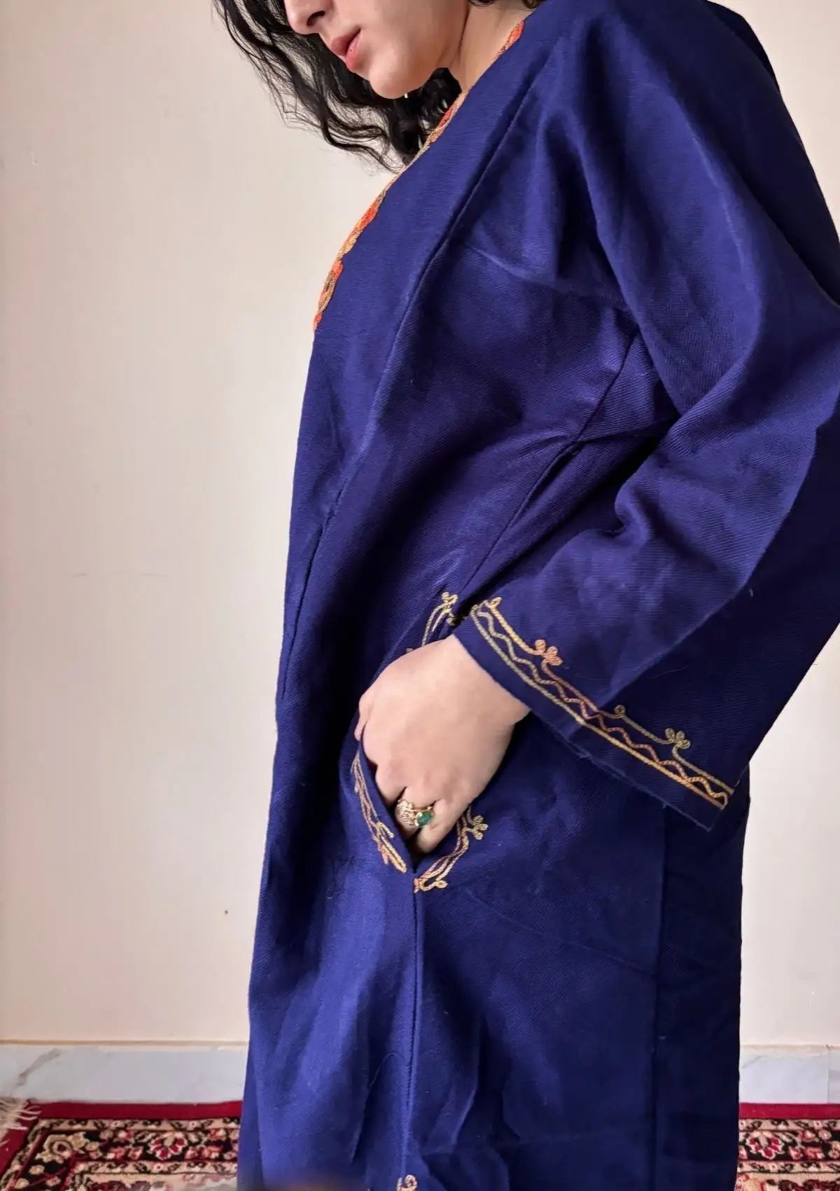 Roshae | Blue Woollen Kashmiri Phiran with Floral Embroidery