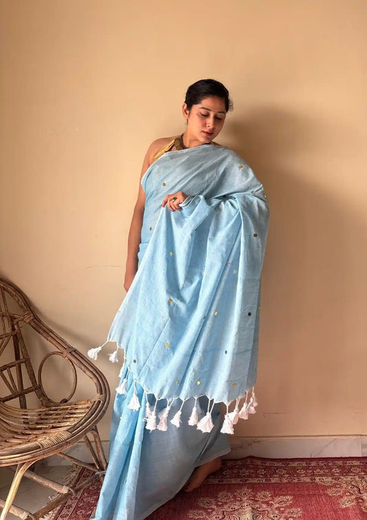 Aisha | Powder Blue Handloom Cotton Saree with Gold Sequin