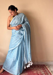 Aisha | Powder Blue Handloom Cotton Saree with Gold Sequin