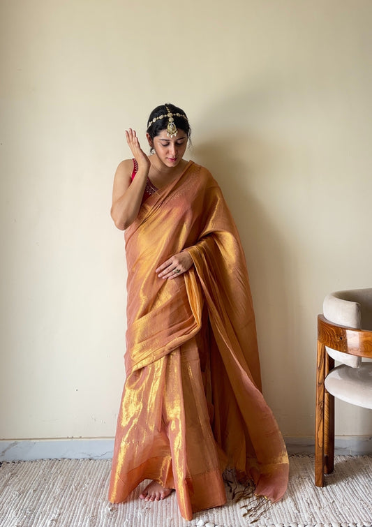 Rekha – Gold Peach Tissue Cotton Zari Saree with Lustrous Finish