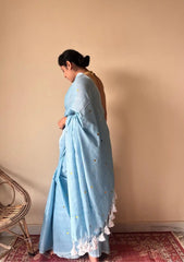 Aisha | Powder Blue Handloom Cotton Saree with Gold Sequin