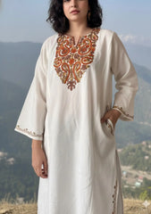 Naira | White Woollen Kashmiri Phiran with Floral Aari Embroidery