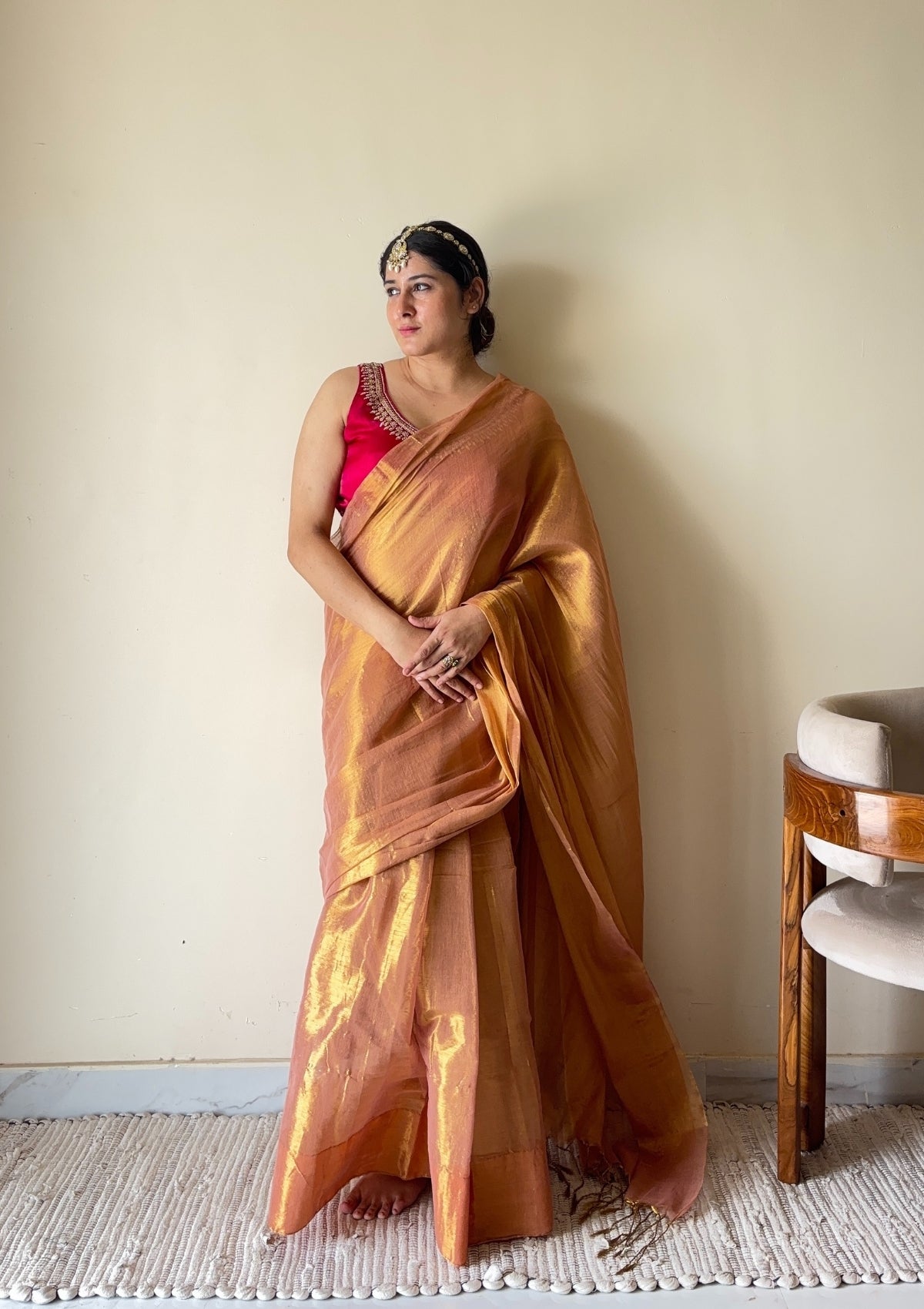 Rekha – Gold Peach Tissue Cotton Zari Saree with Lustrous Finish