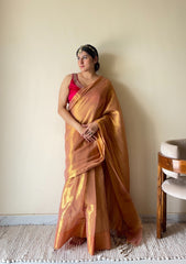 Rekha – Gold Peach Tissue Cotton Zari Saree with Lustrous Finish