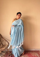 Aisha | Powder Blue Handloom Cotton Saree with Gold Sequin