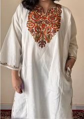 Naira | White Woollen Kashmiri Phiran with Floral Aari Embroidery