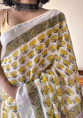 Basanti Linen Cotton Bagru Handblock Printed Saree | Yellow White