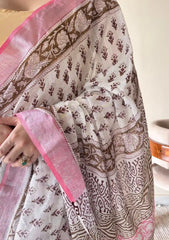 Bela Linen Cotton Bagru Handblock Printed Saree | White Pink