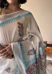 Hansini Linen Cotton Bagru Handblock Printed Saree | White Blue