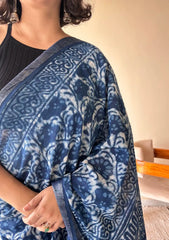Varuni Indigo Linen Cotton Bagru Handblock Printed Saree | Blue