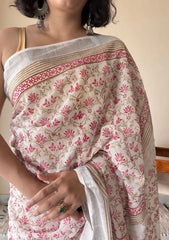 Manjiri Linen Cotton Bagru Handblock Printed Saree | White Pink