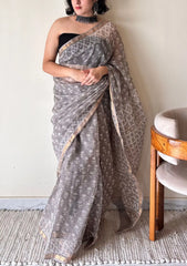 Meghna Kota Doria Cotton Silk Handblock Saree | Brown Grey