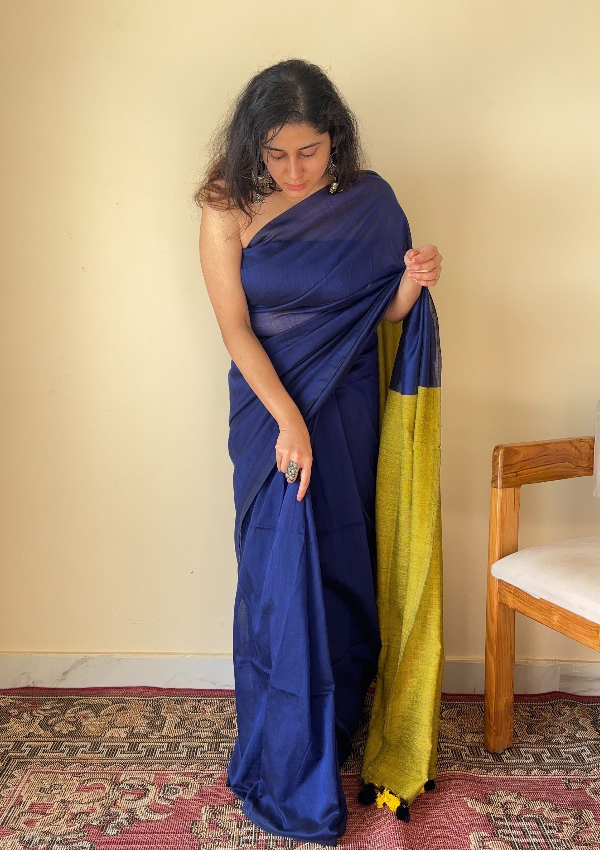 Neelaya Blue and Yellow Pallu Mul Cotton Saree with Tassels - Qatha