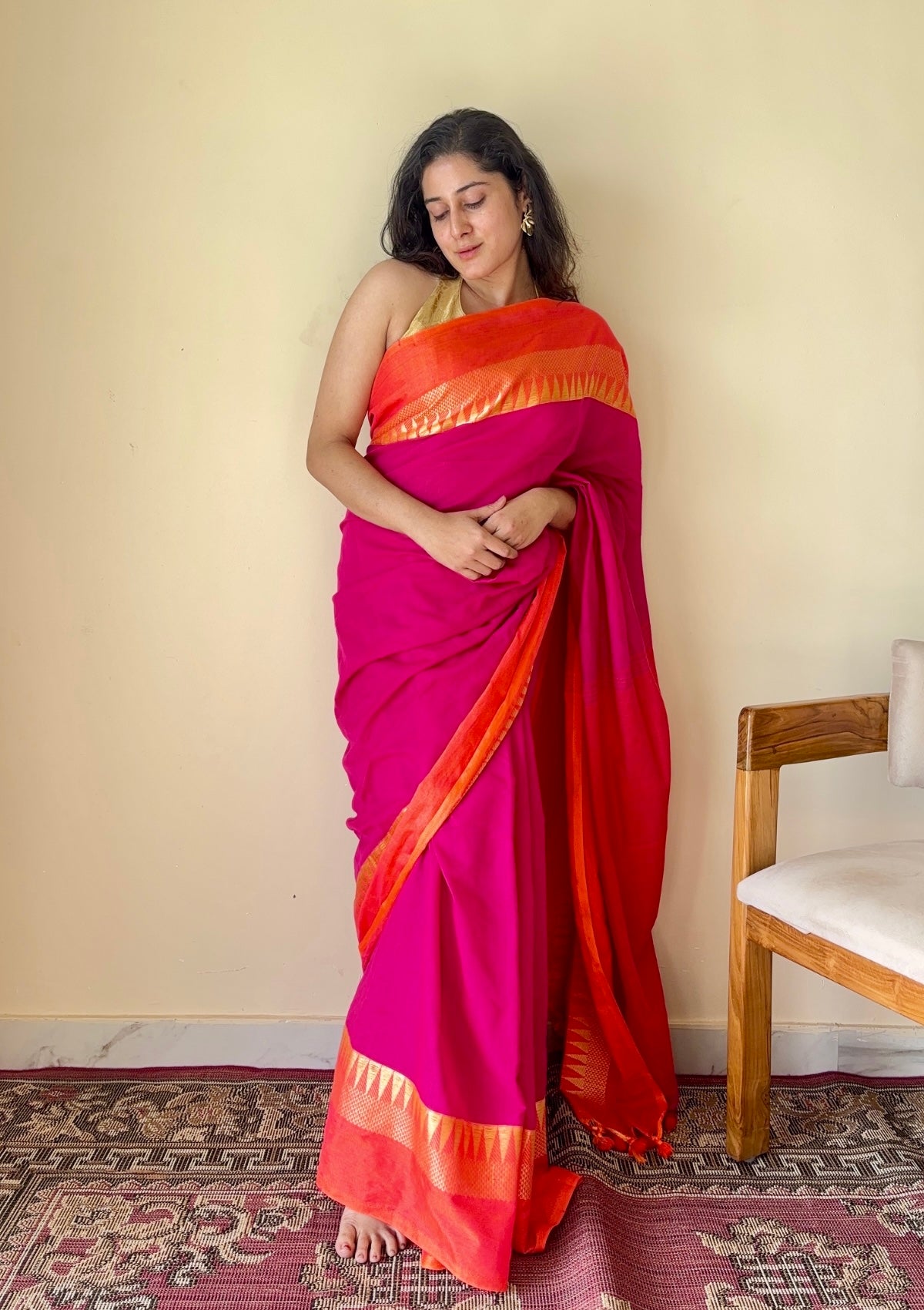 Tarangini Rani Pink Temple Border Handloom Pure Cotton Saree - Qatha 