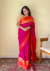 Tarangini Rani Pink Temple Border Handloom Pure Cotton Saree - Qatha 