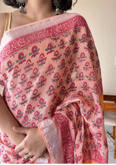 Kasturi Linen Cotton Bagru Handblock Printed Saree | Peach
