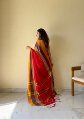 Rudhira Red Temple Border Handloom Pure Cotton Saree - Qatha 
