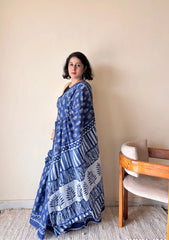 Nilambari Indigo Cotton Bagru Handblock Printed Saree | Blue