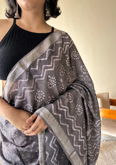 Soma Cotton Dabu Handblock Printed Saree | Grey