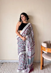 Bahaar Linen Cotton Bagru Handblock Printed Saree | Pink White