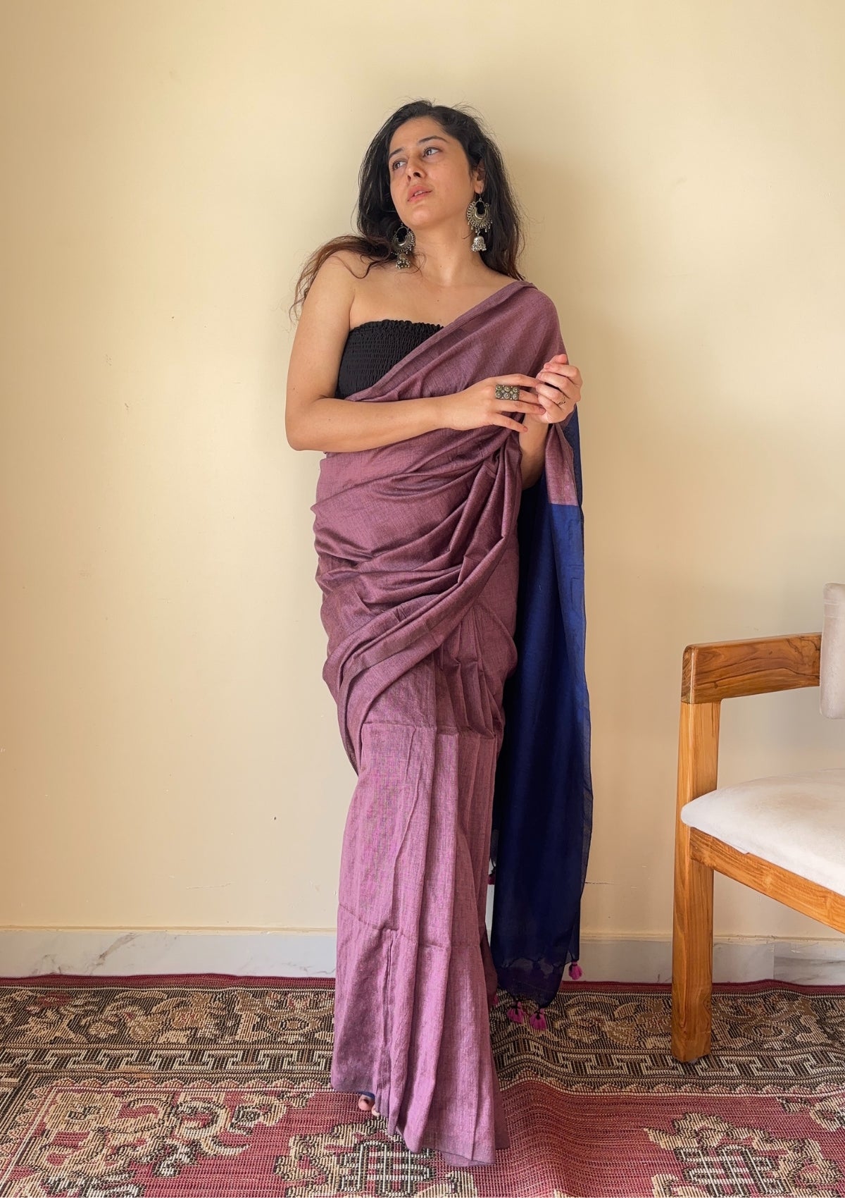 Chitrangada Jamuni with Blue Pallu Mul Cotton Saree with Tassels - Qatha 