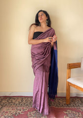 Chitrangada Jamuni with Blue Pallu Mul Cotton Saree with Tassels - Qatha 