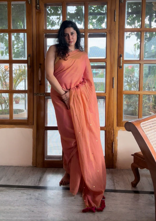 Tara Blush Pink Soft Mulmul Cotton Sequin Saree with Scalloped Border