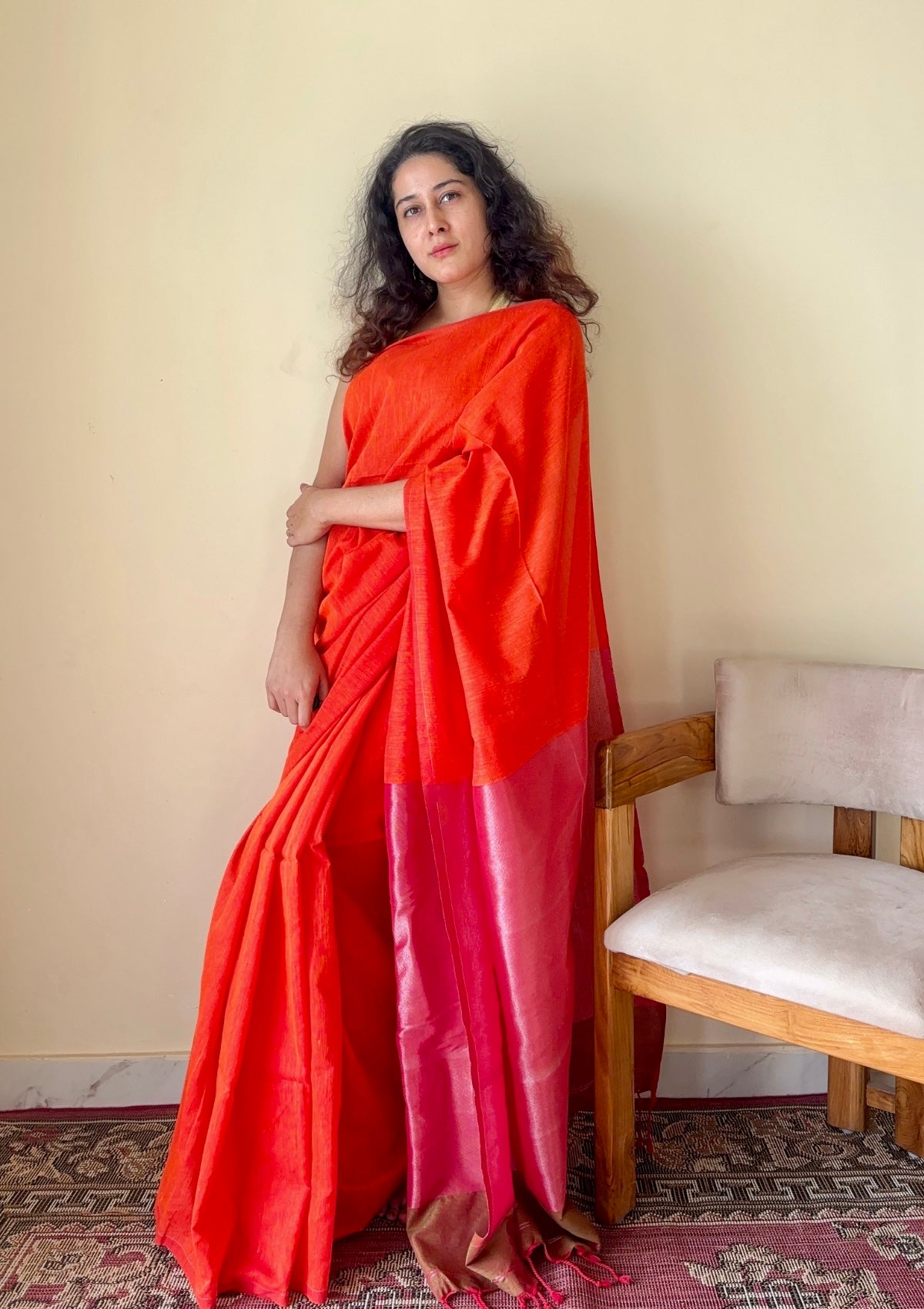 Sanjhvi Orange with Pink Tissue Pallu Pure Cotton Saree - Qatha