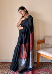 Tamira Black Pure Handloom Cotton Saree with Silver and Copper Tissue Pallu - Qatha 