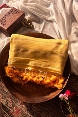 Harini Yellow Mulmul Cotton Gold Zari Striped Saree with Tassels - Qatha 