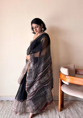 Jamini Kota Doria Cotton Silk Handblock Printed Saree | Black