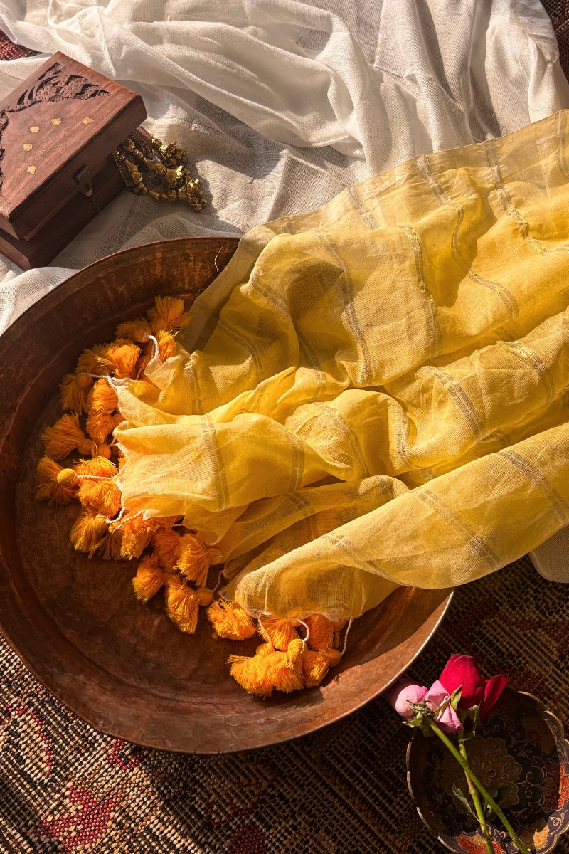 Harini Yellow Mulmul Cotton Gold Zari Striped Saree with Tassels - Qatha 